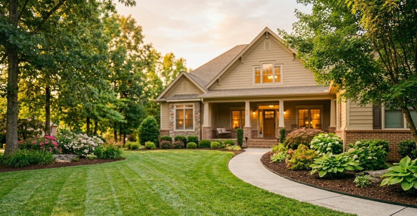 Craftsman home front yard with crisp mowing stripes