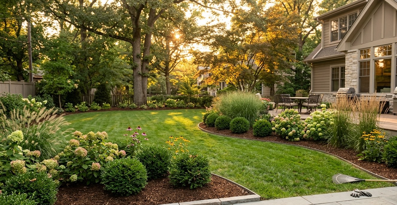 Backyard at golden hour with hydrangeas and ornamental grasses