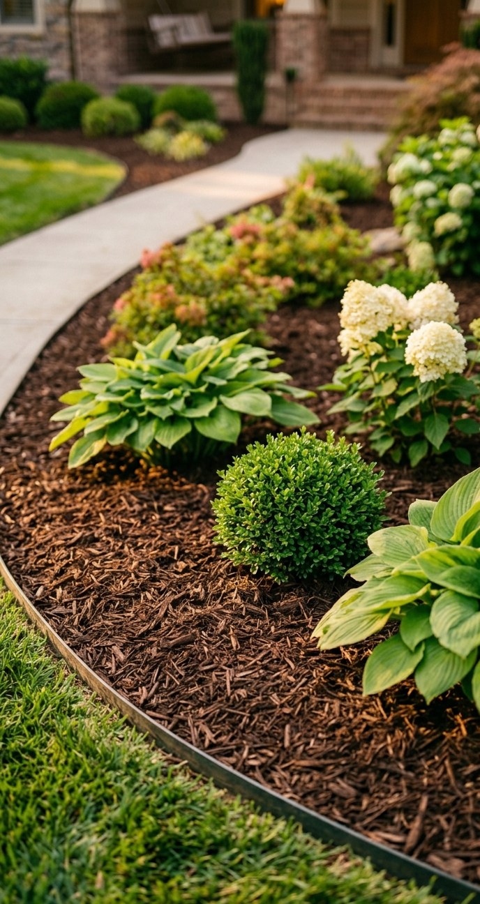 Fresh-mulched bed with hostas, boxwood, and hydrangea
