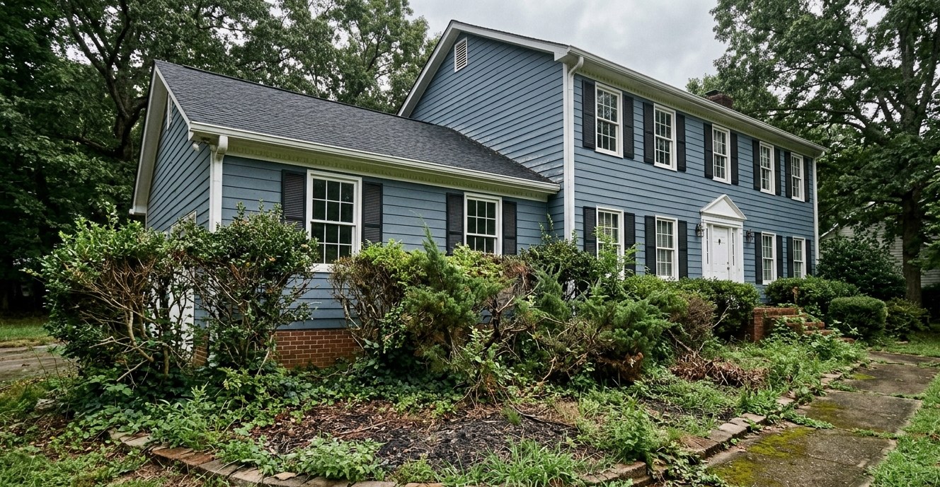 Overgrown planting bed with leggy shrubs at a blue colonial home