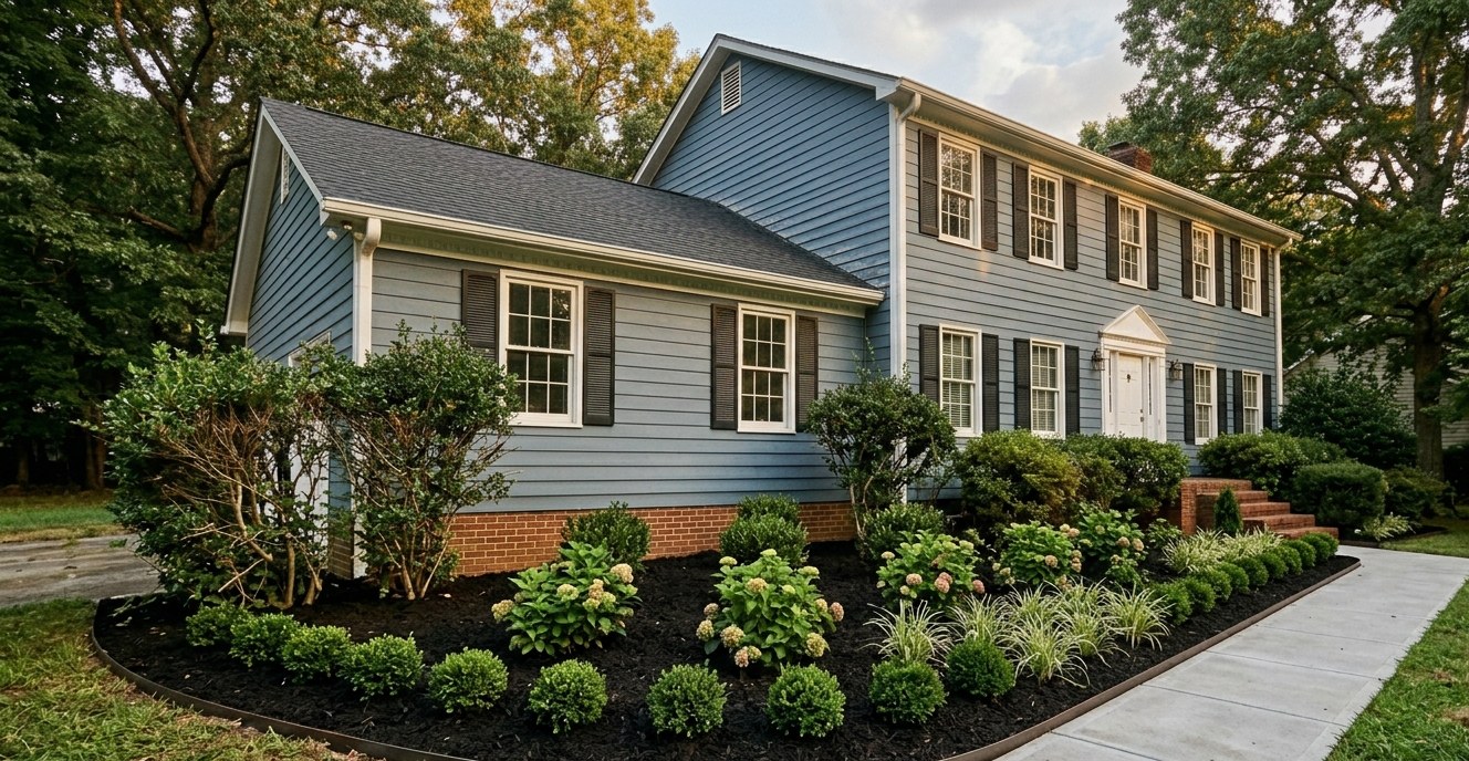 Renovated planting bed with fresh mulch and layered plantings