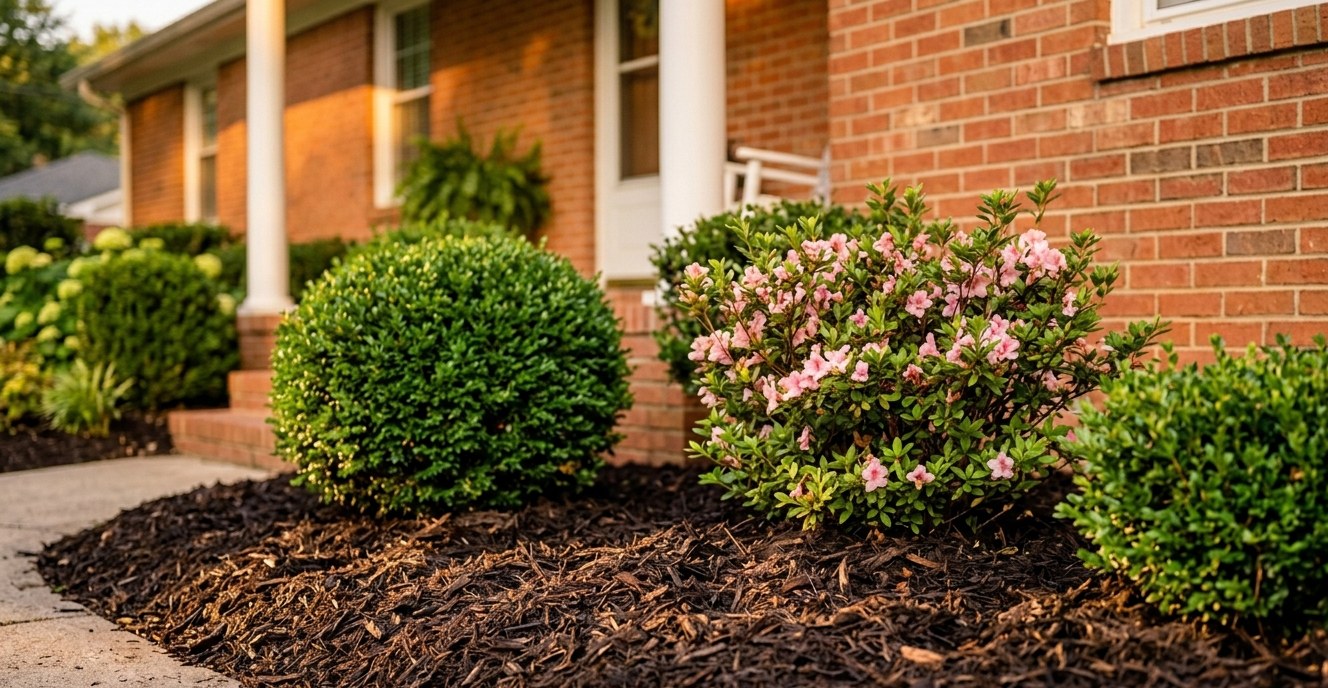 Freshly mulched foundation beds at a red brick ranch home