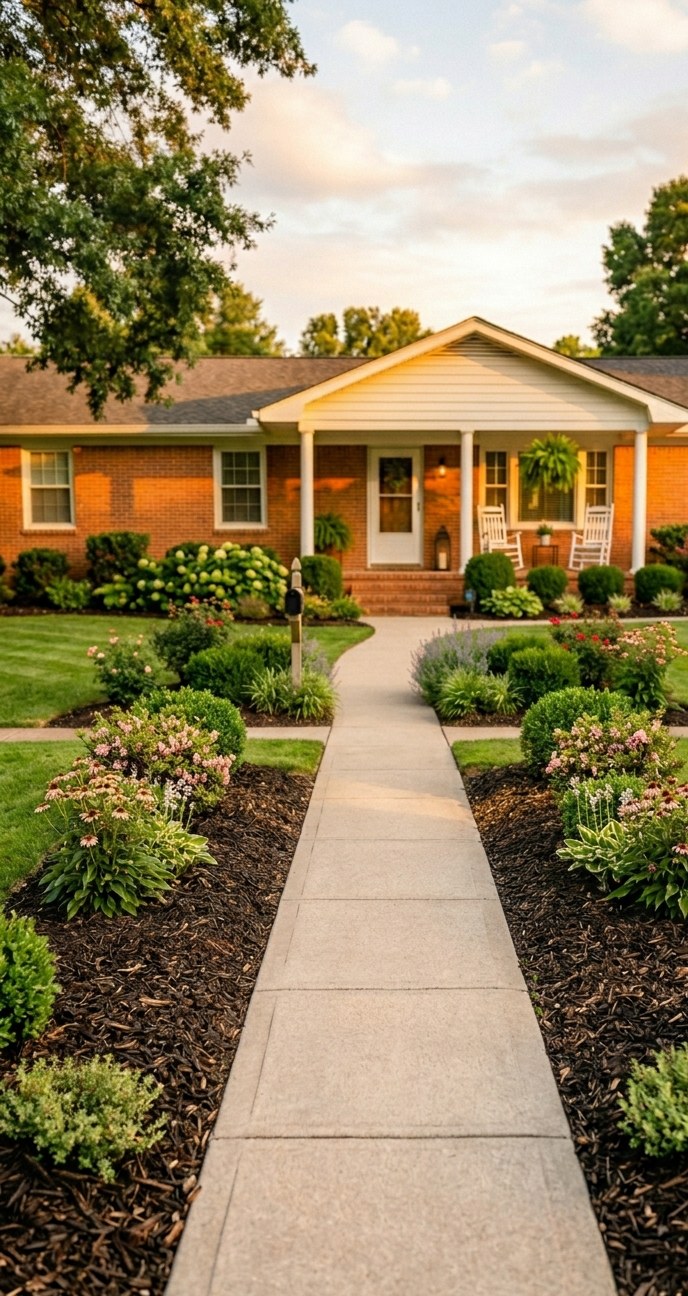 Detail of fresh dark mulch laid around foundation plantings
