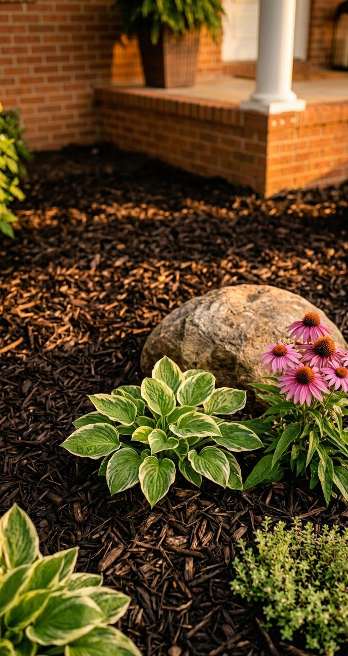 Brick ranch home walkway with freshly mulched flanking beds at golden hour