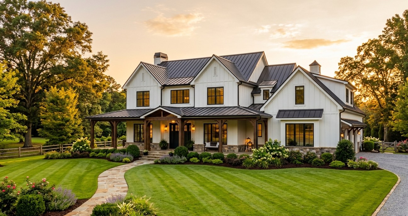 Modern farmhouse with manicured lawn and curved walkway at golden hour