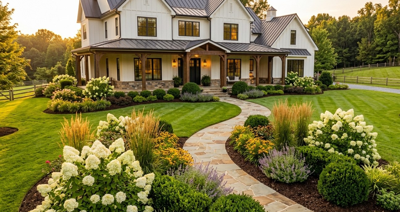Modern farmhouse front porch detail with layered foundation plantings