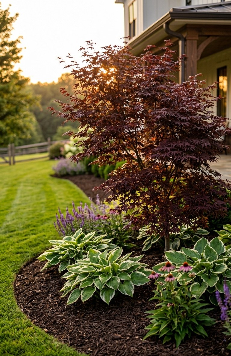 Specimen Japanese maple anchoring a mulched bed at a modern farmhouse