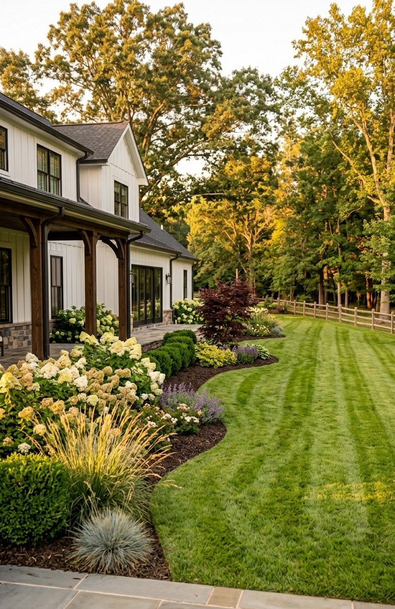 Modern farmhouse property at golden hour with mowing stripes